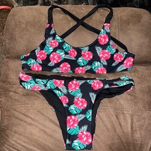 Hawaiian print leaves and flowers two piece bikini